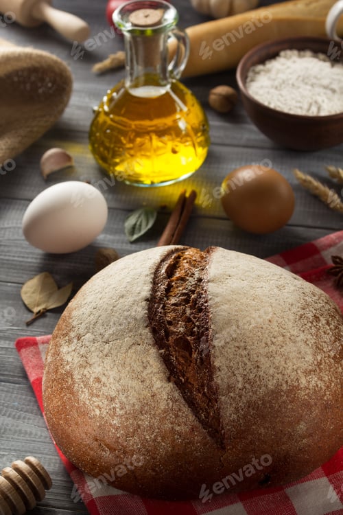 Preview: Bread And Bakery Products On Wood Background