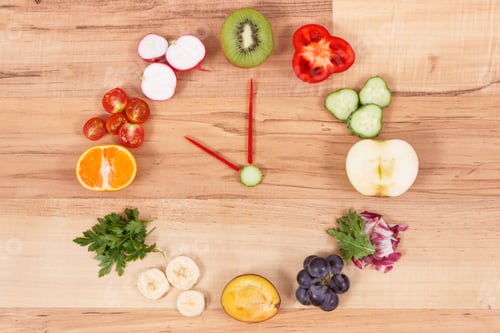 Preview: Clock Made Of Fresh Ripe Nutritious Fruits And Vegetables, Healthy Breakfast Concept