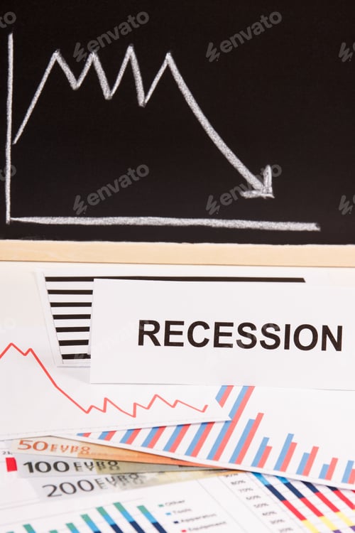 Preview: Inscription Recession, Currencies Euro And Downward Graphs Representing Financial Crisis Caused By