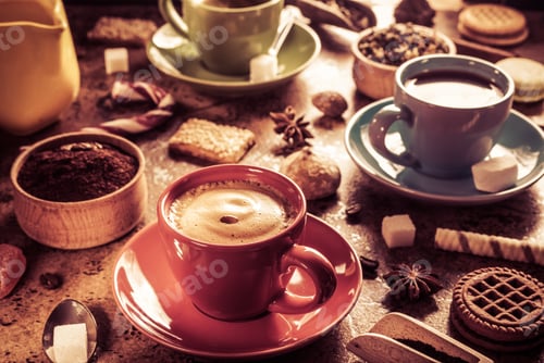 Preview: Cup Of Coffee, Tea And Cacao At Table Background