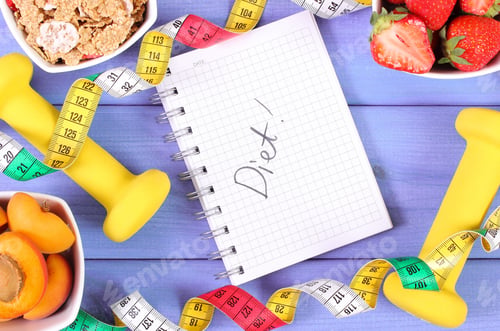 Preview: Fresh Healthy Food, Dumbbells For Fitness, Tape Measure And Notebook For Writing Notes, Concept Of
