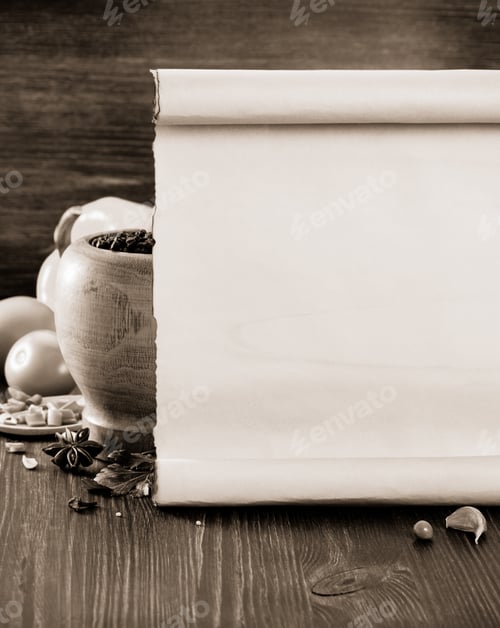 Preview: Food Spice And Old Paper On Wooden Background