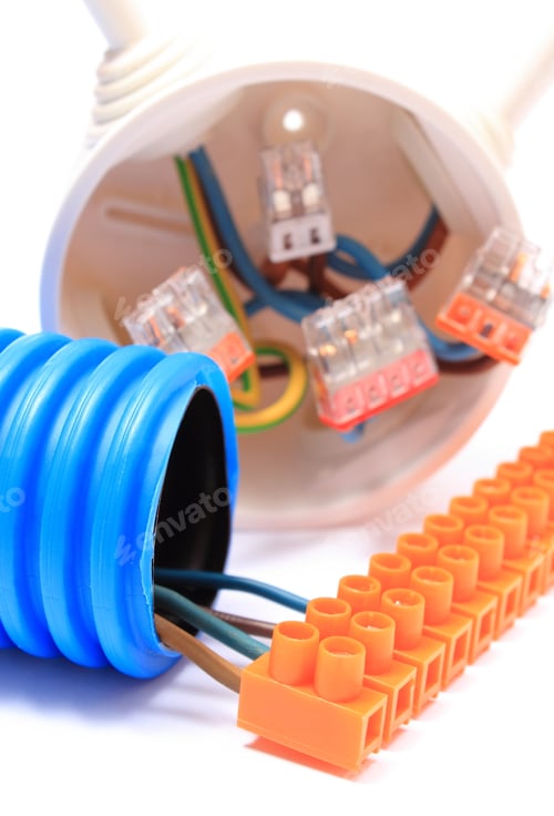 Preview: Corrugated Plastic Pipe, Copper Wire Connections In Electrical Box And Components For Use In