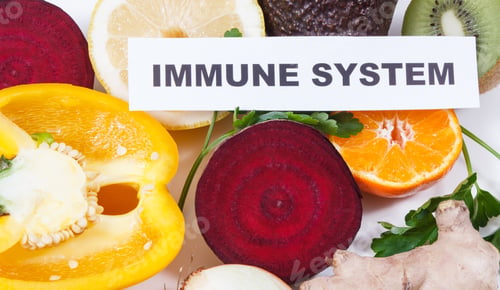 Preview: Inscription Immune System And Fresh Ripe Fruits With Vegetables. Source Natural Healthy Vitamins