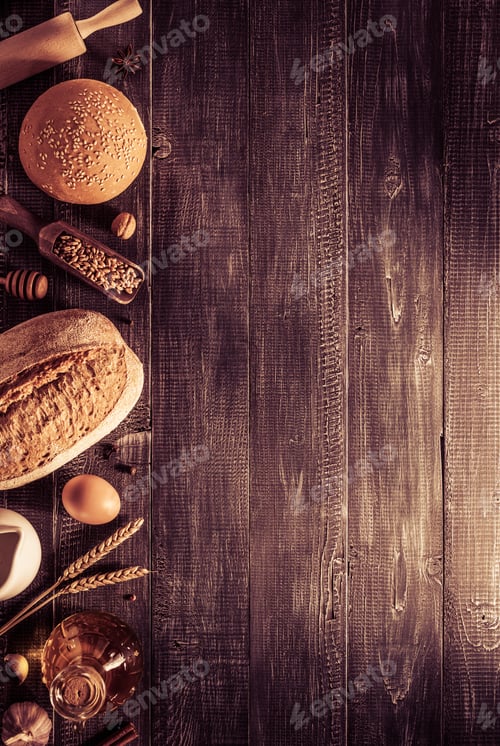 Preview: Bread And Bakery Products On Wooden Background
