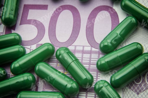 Preview: Green Capsules Up Ticket Of 500 Euros, Concept Of Health Copay