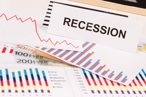 Preview: Inscription Recession, Currencies Euro And Downward Graphs Representing Financial Crisis Caused By