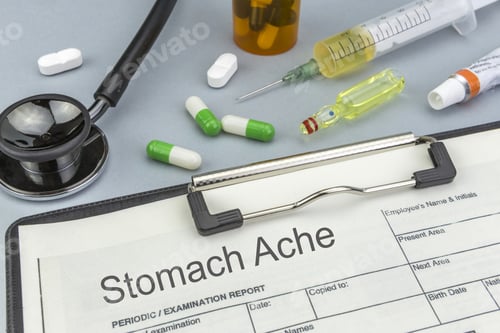 Preview: Stomach Ache, Medicines And Syringes As Concept Of Ordinary Treatment Health