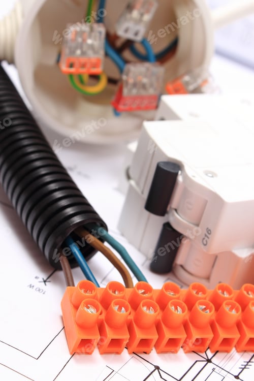 Preview: Corrugated Pipe, Copper Wire Connections And Electric Fuse On Construction Drawing, Component For
