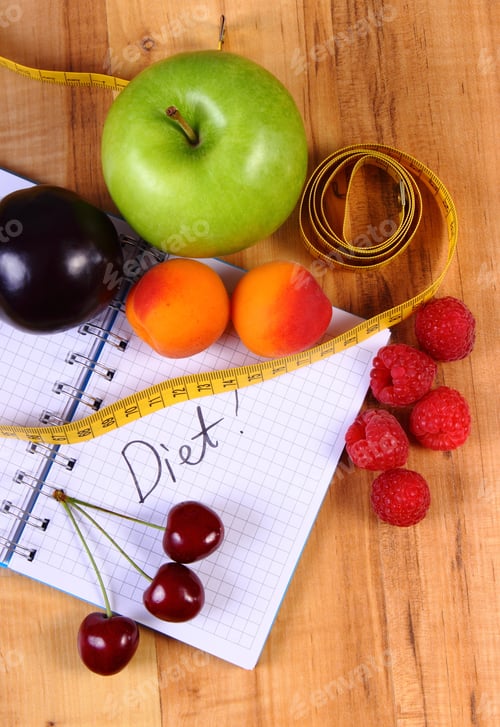 Preview: Fresh Fruits And Tape Measure With Notebook For Writing Notes, Concept Of Slimming, Diet And