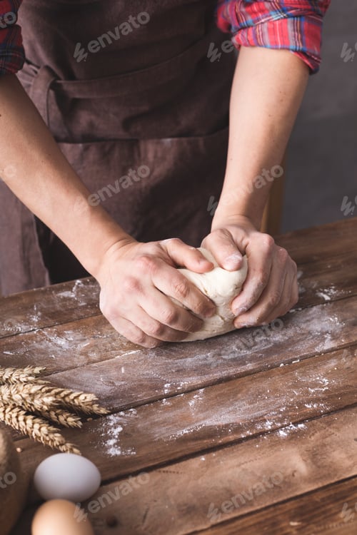 Preview: Baker Male Hand Kneading Or Making Dough And Bakery Ingredients For Homemade Bread Cooking On