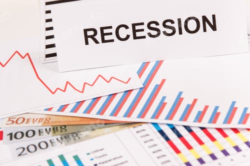 Preview: Inscription Recession, Currencies Euro And Downward Graphs Representing Financial Crisis Caused By