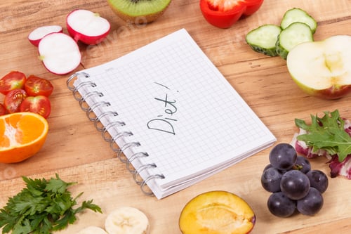 Preview: Fruits And Vegetables Containing Natural Minerals And Notepad With Inscription Diet, Concept Of