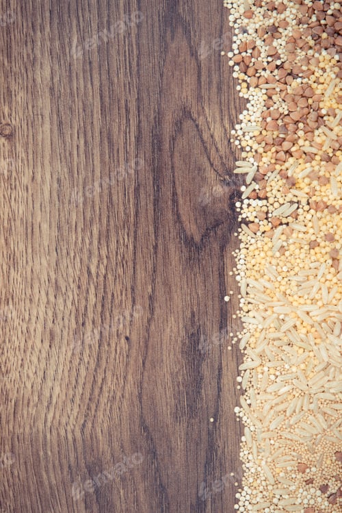 Preview: Vintage Photo, Various Groats, Brown Rice, Amaranth And Quinoa Seed, Concept Of Healthy, Gluten
