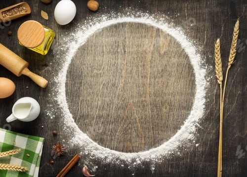 Preview: Wheat Flour And Bakery Ingredients On Wooden Background, Top View