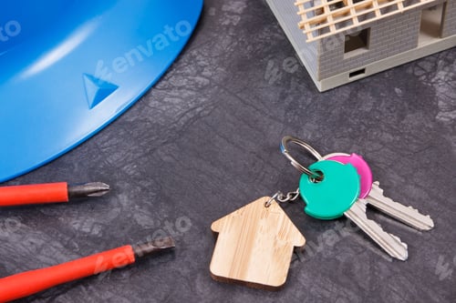Preview: Small House Under Construction, Home Keys And Work Tools Using For Engineering Work. Building Home