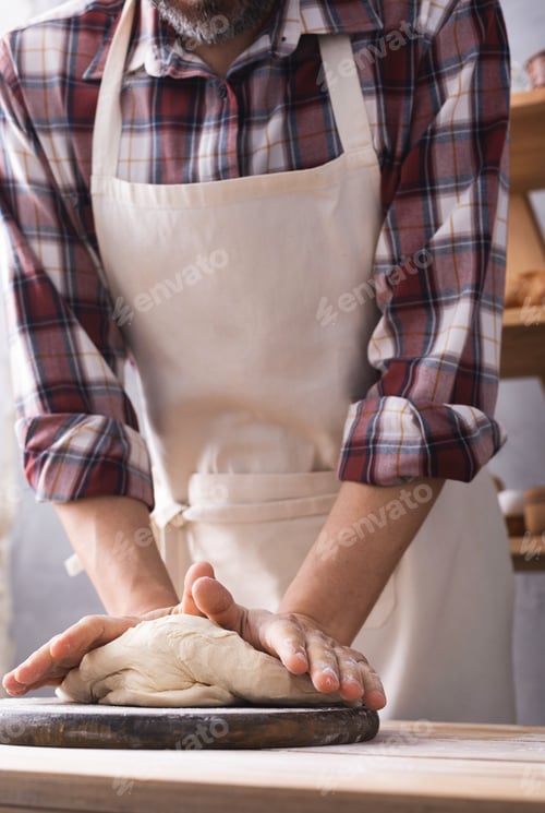 Preview: Baker Man Kneading Or Making Dough And Bakery Ingredients For Homemade Bread Cooking On Shelf