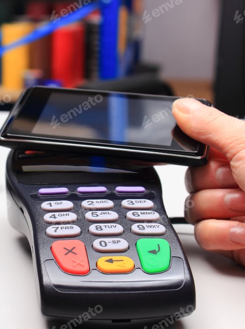 Preview: Using Payment Terminal For Paying With Smartphone With Nfc Technology In Shop, Cashless Paying For