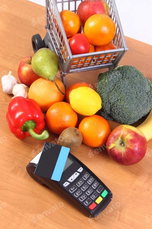 Preview: Payment Terminal, Credit Card Reader With Contactless Credit Card And Fresh Fruits And Vegetables