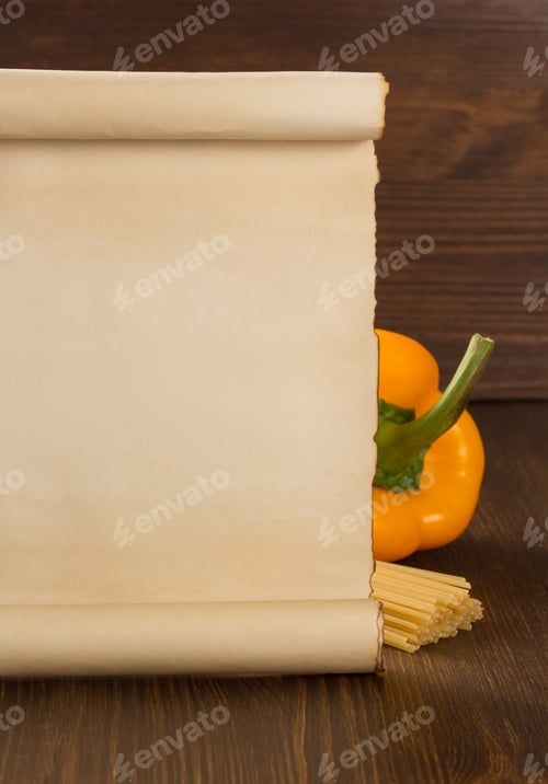 Preview: Food Spice And Old Paper On Wooden Background