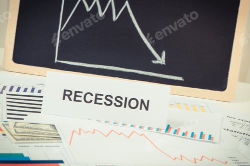 Preview: Inscription Recession, Currencies Dollar And Downward Graphs Representing Financial Crisis Caused