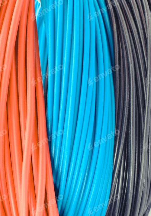 Preview: Red, Blue And Black Cables As Background, Electrical Components For Installation