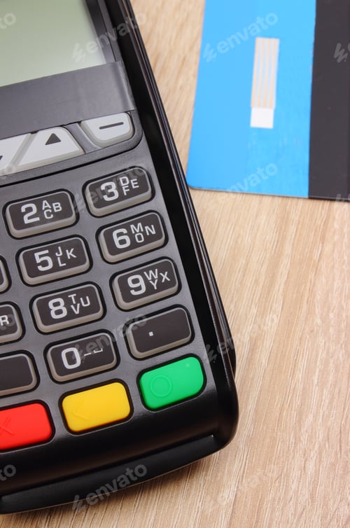 Preview: Payment Terminal With Credit Card On Wooden Desk, Credit Card Reader, Paying Using Credit Card