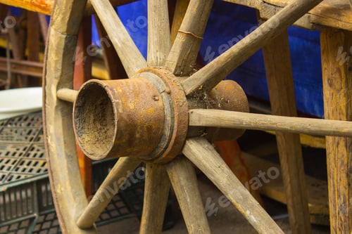 Preview: Old Wooden Rustic Wheel With Metal Rim For Carriage