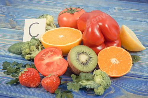 Preview: Vintage Photo, Healthy Ripe Fruits And Vegetables Containing Vitamin C, Natural Minerals And