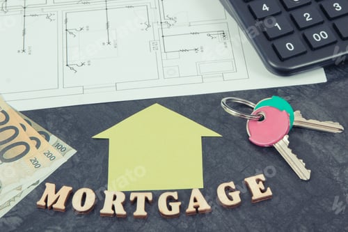 Preview: Inscription Mortgage, Currencies Euro, Home Keys And Calculator On Electrical Diagrams