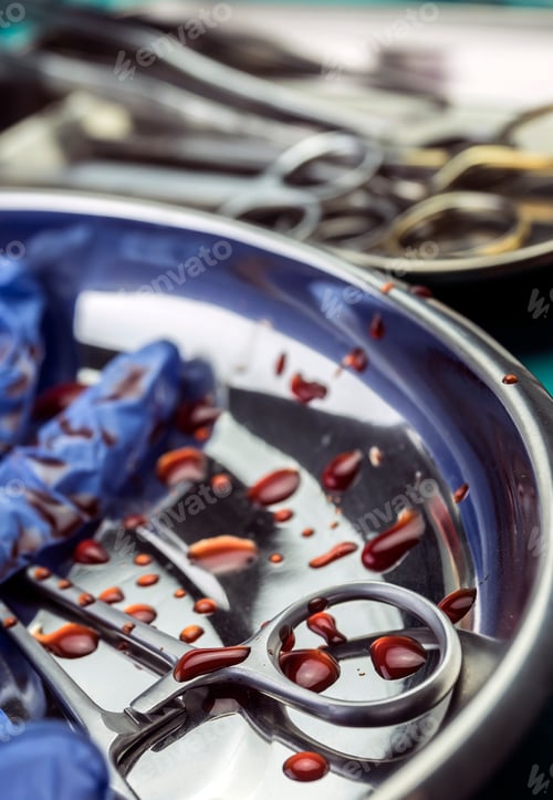 Preview: Gloves Blue And Scissors Stained With Blood On A Tray In An Operating Theater, Conceptual Image