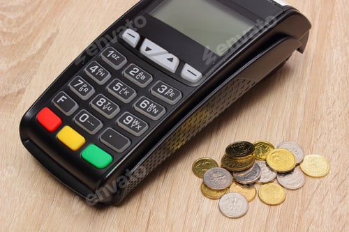 Preview: Credit Card Reader And Polish Currency Money On Wooden Desk, Payment Terminal, Finance And Banking