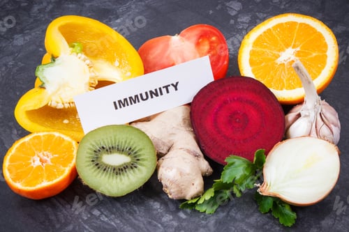 Preview: Inscription Immunity With Fresh Ripe Fruits And Vegetables. Source Natural Vitamins, Minerals And