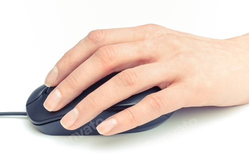 Preview: Hand Of Woman With Black Computer Mouse On White Background
