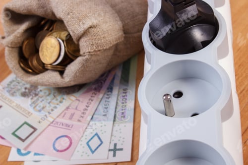 Preview: Electrical Power Strip With Connected Plug And Polish Currency Money On Wooden Floor, Power Board