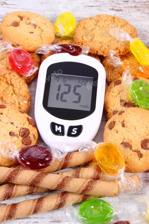 Preview: Glucose Meter With Result Of Measurement Sugar Level And Colorful Candies With Cookies, Concept Of