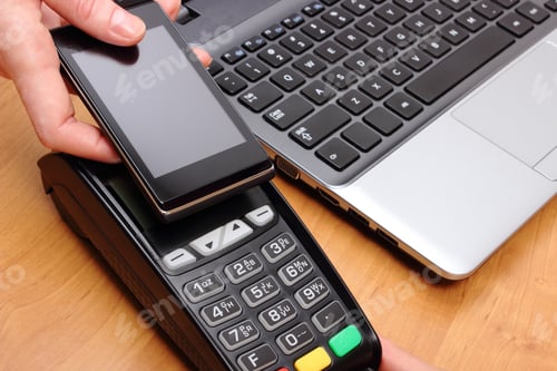 Preview: Paying With Mobile Phone With Nfc Technology, Credit Card Reader, Payment Terminal And Laptop