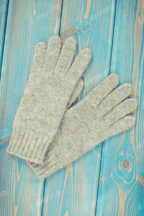 Preview: Vintage Photo, Pair Of Woolen Gloves For Woman On Old Blue Boards, Womanly Accessories For Autumn