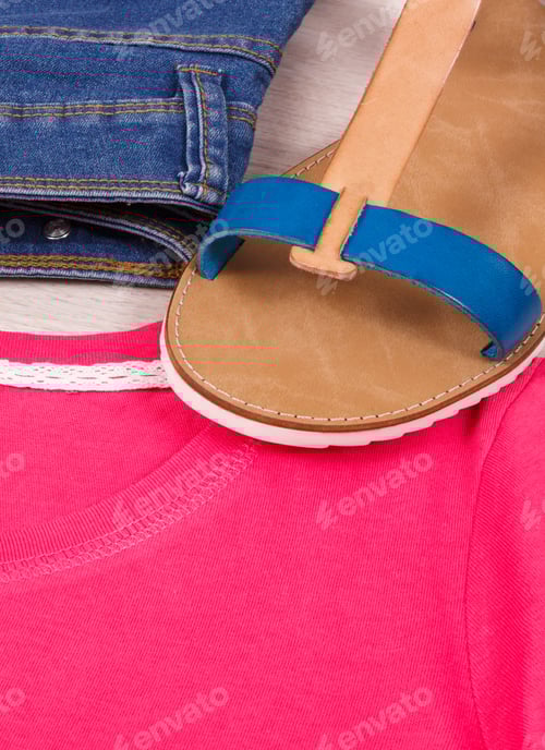 Preview: Fashionable And Comfortable Leather Sandals, Blue Jeans And Red Cotton Shirt Or Sweater For Woman