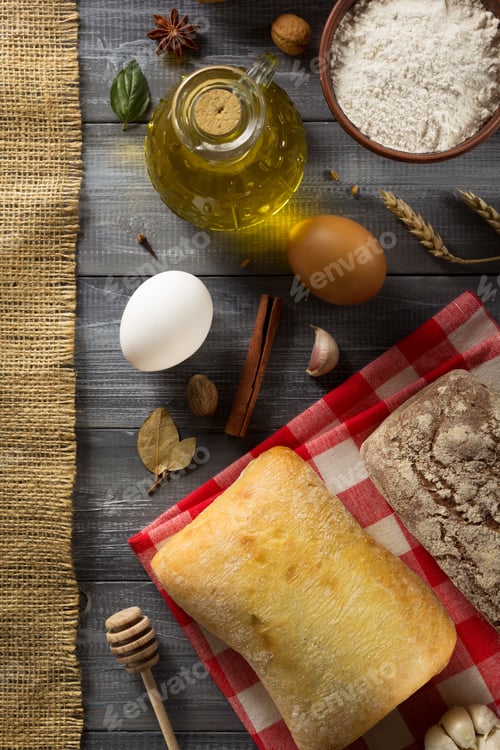 Preview: Bread And Bakery Products On Wood Background