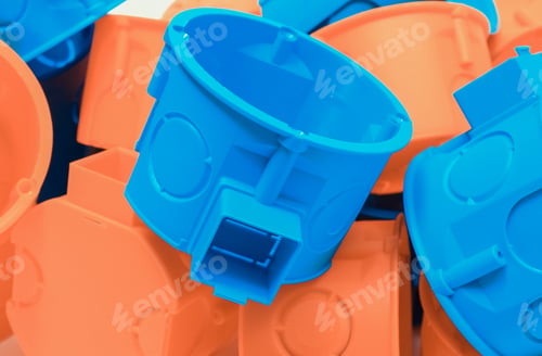 Preview: Orange And Blue Electrical Boxes. Components Using In Electrical Installations. Accessories For