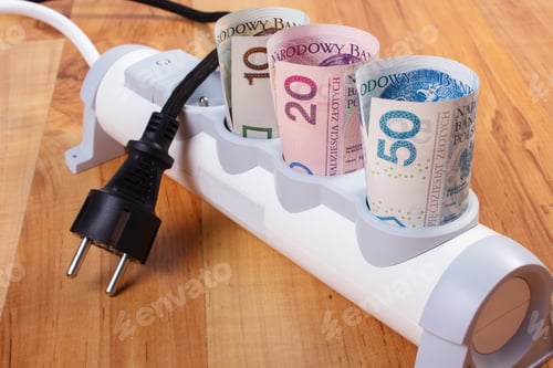 Preview: Rolls Of Polish Currency Money In Electrical Extension And Disconnected Plug, Power Board, Concept