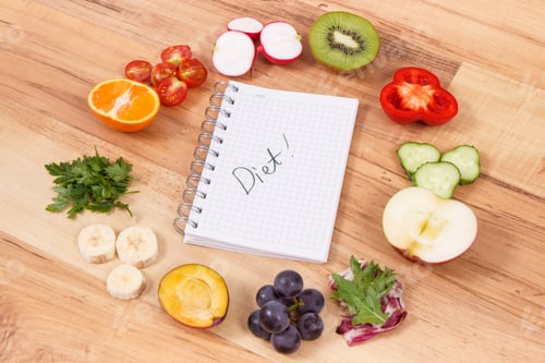 Preview: Word Diet In Notepad And Fresh Ripe Fruits And Vegetables As Healthy And Nutritious Eating