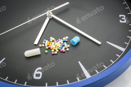 Preview: Open Red Capsule Pill With Ball Color Drug On Black Clock Background