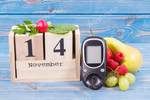Preview: Date 14 November As Symbol Of World Diabetes Day, Glucometer For Measuring Sugar Level And Fruits