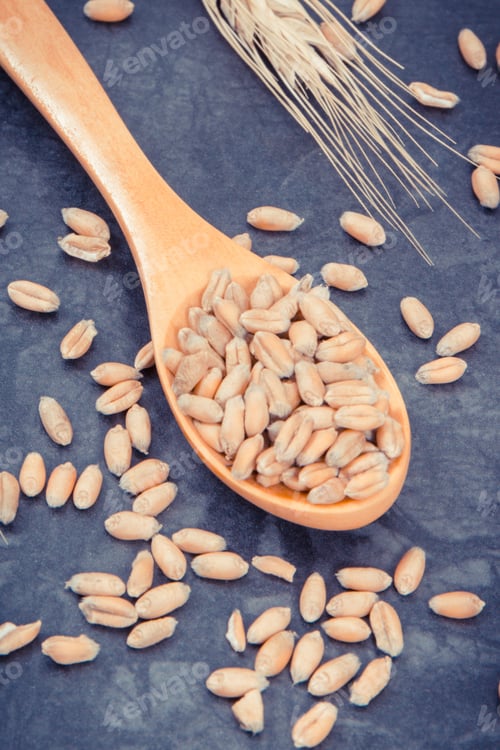 Preview: Rye Or Wheat Grains With Wooden Spoon, Agriculture And Harvest Concept