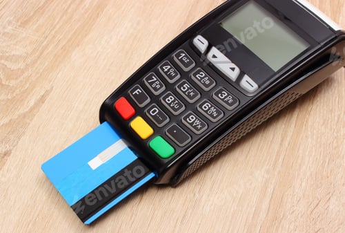 Preview: Payment Terminal With Credit Card On Wooden Desk, Credit Card Reader, Paying Using Credit Card