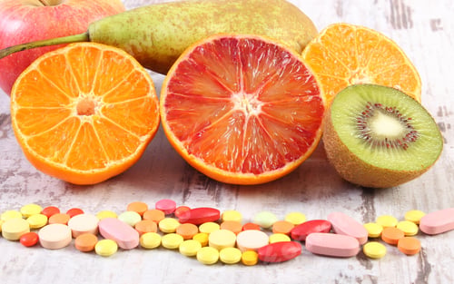 Preview: Fresh Natural Fruits And Pills, Tablets Or Capsules, Choice Between Healthy Nutrition And Medical