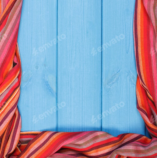Preview: Frame Of Colorful Womanly Shawl On Boards, Warm Clothing For Autumn Or Winter, Copy Space For Text
