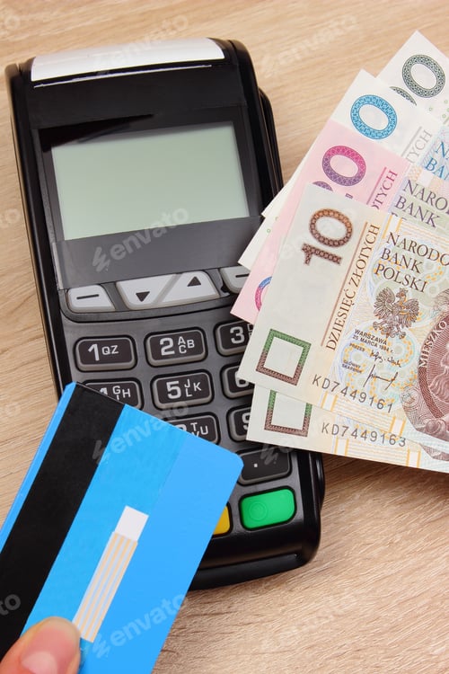 Preview: Polish Currency Money And Credit Card With Payment Terminal In Background, Credit Card Reader